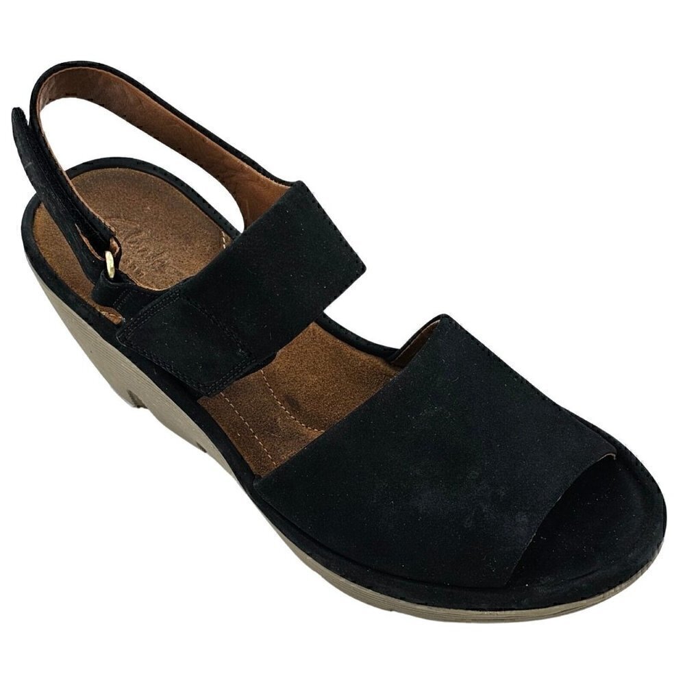 CLARKS Black Suede Hook and Loop Open Toe Sling Back Wedge Platform Sandals 9M